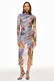 Printed Mesh Draped Midi Dress by LAPOINTE