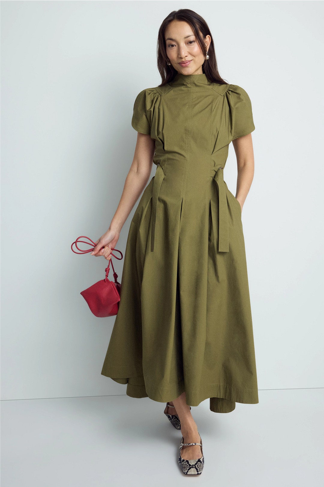 green midi dress puff sleeve Pine Green Warm Cotton Frilled Midi Yoke Dress