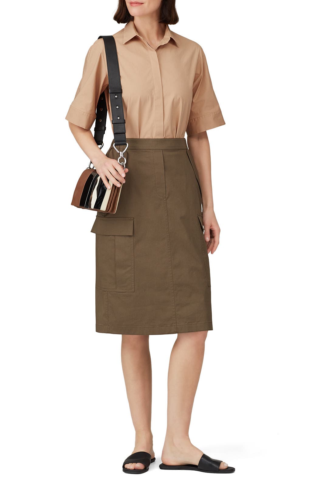 ★RAIVE★ Cargo Shirring Skirt in Khaki VW3MS09142 WEAIXIMIUNG Trendy 2024 Women Skirts Knee Length Cotton Low