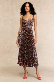 Pleated Printed Charmeuse Asymmetrical Midi Dress by Ieena for Mac Duggal