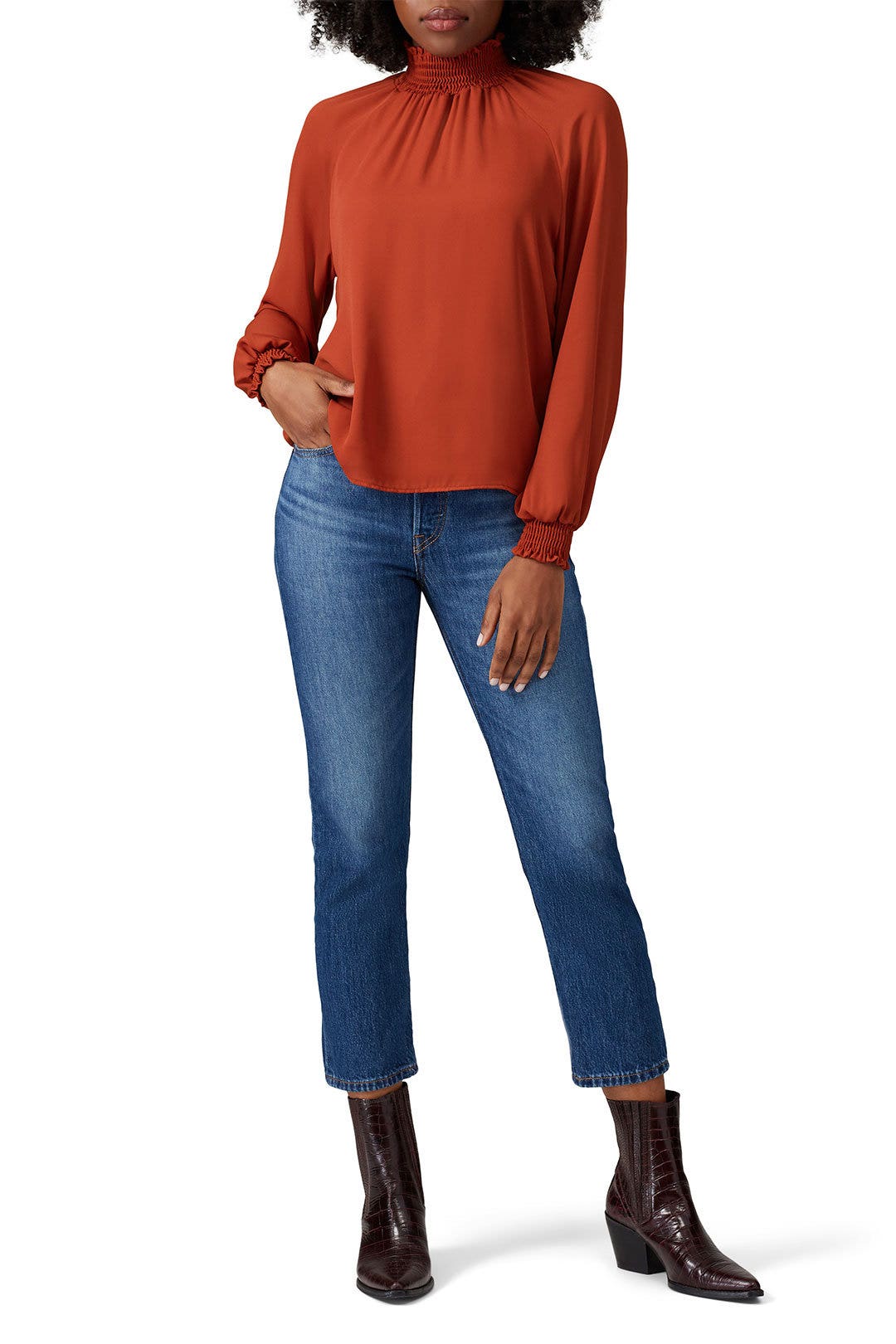 Brick Smocked Turtleneck Top by krisa 0