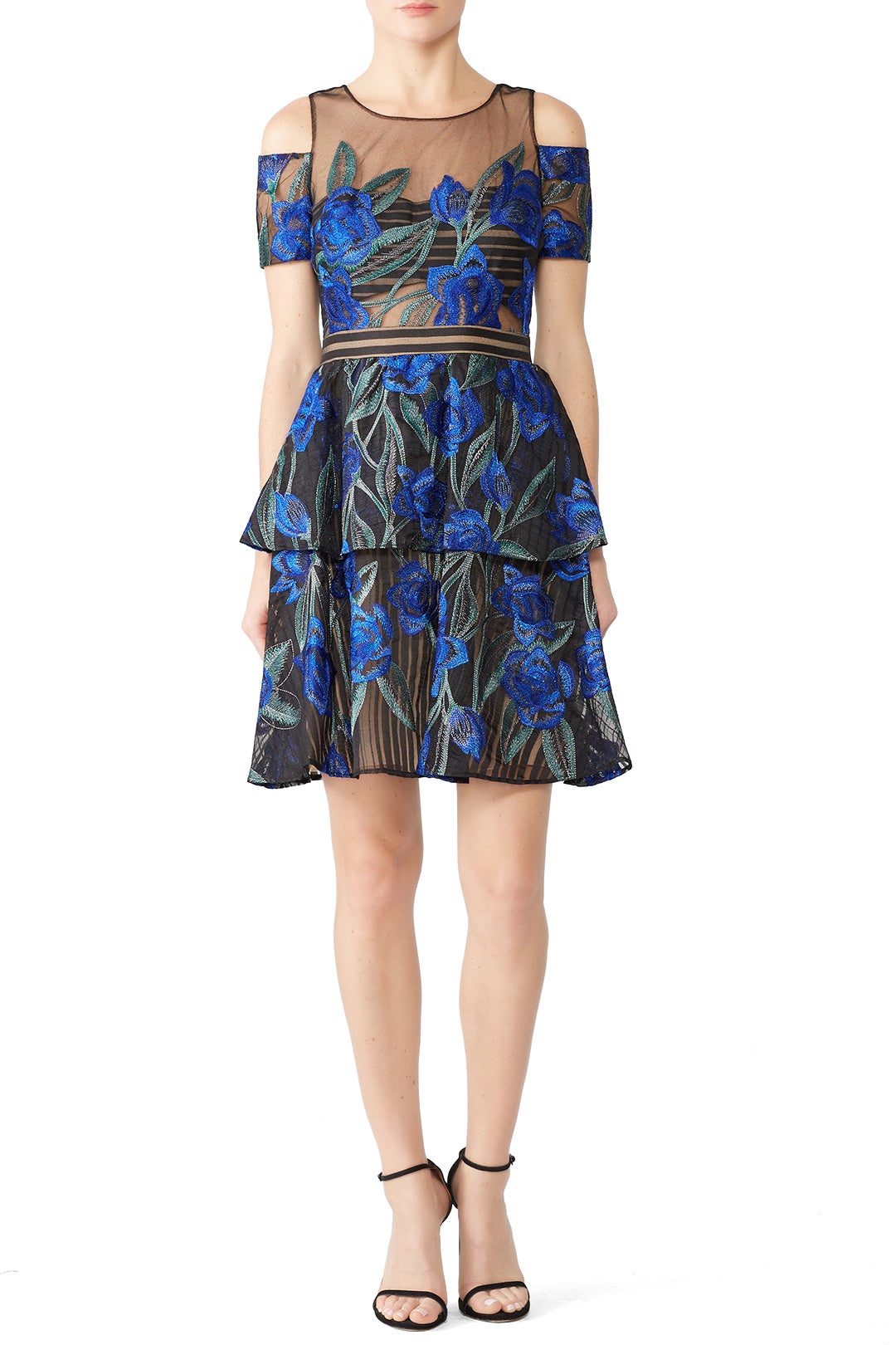 Navy Floral Cold Shoulder Dress by Marchesa Notte 0