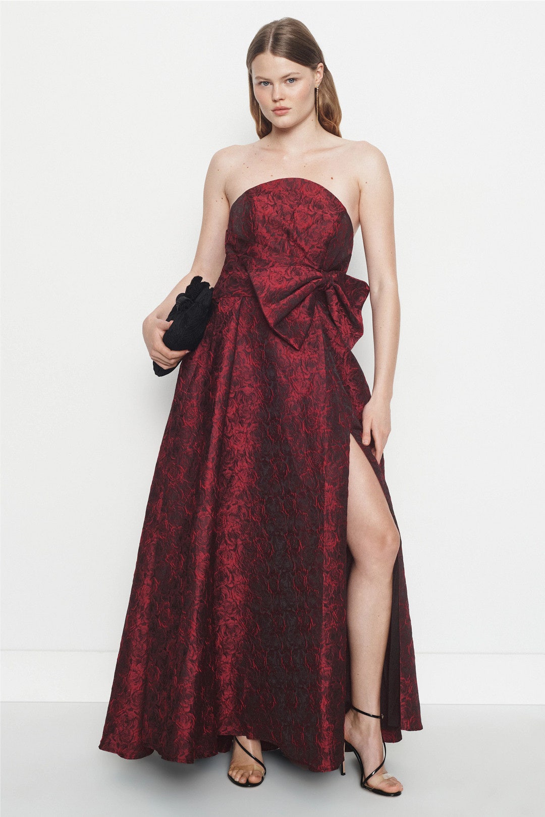 Floral Brocade Strapless Gown With Bow