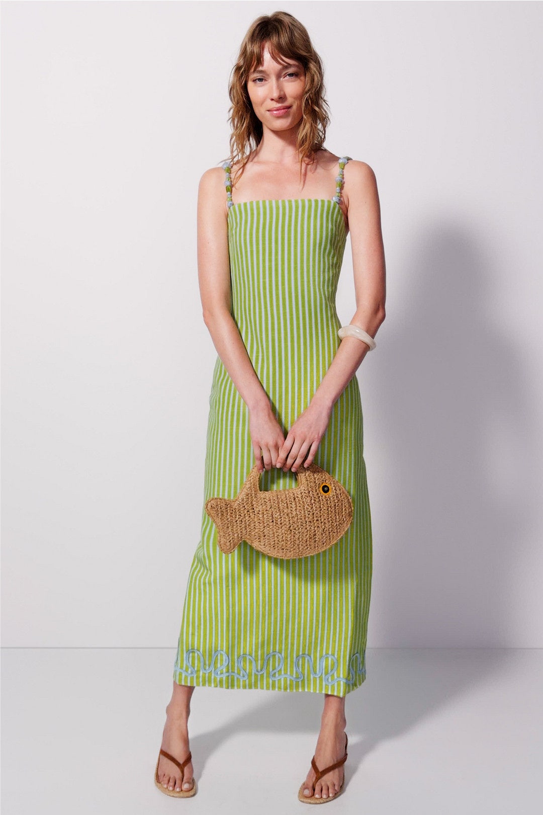 slim fit dress slacks Maxi Dress – Green Striped Contemporary Maxi Dress – Zazu main image 0