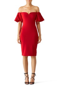 Red Off Shoulder Ruffle Dress by Badgley Mischka