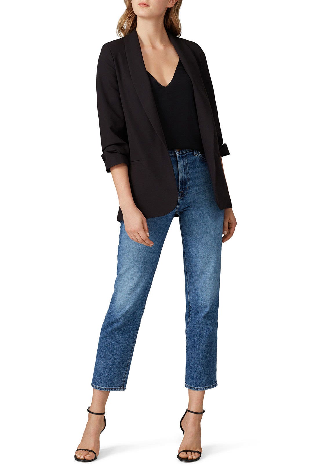 Black Shirred Sleeve Blazer by Slate & Willow 0