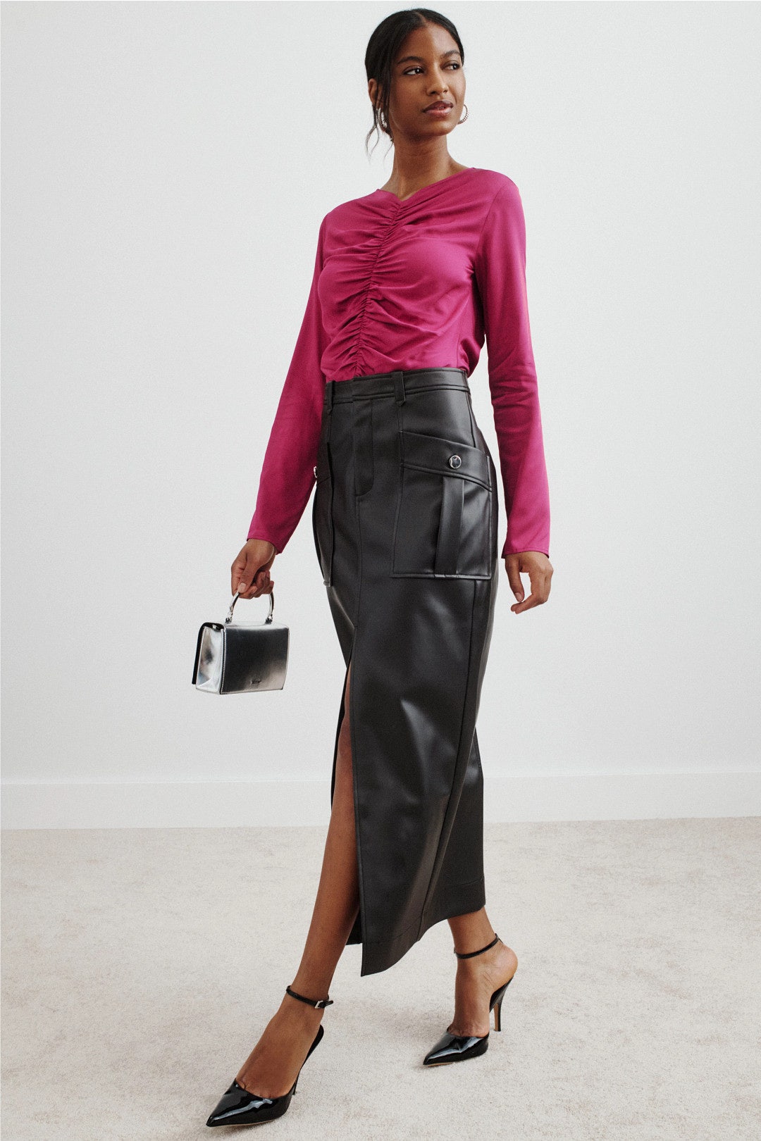 Faux Leather Midi Column Skirt by Toccin 0