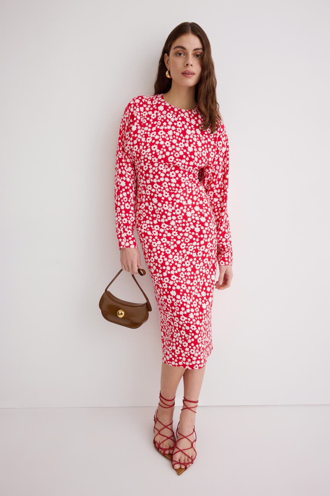 【関税込み】Marni レッド Pop Fields ミディアムワンピース Satin Midi Dress with Red and White Pop Fields Motif by