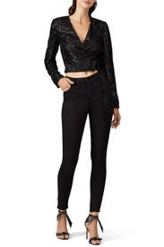 Black Sequin Wrap Top by ML Monique Lhuillier