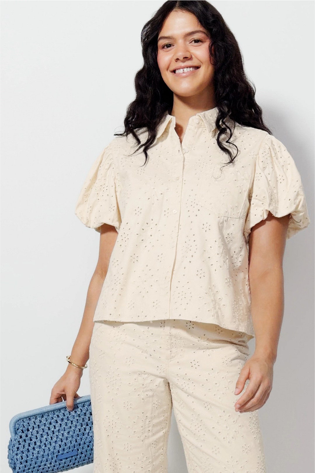 Bubble Sleeve Button Down Collared Shirt by CeCe 4