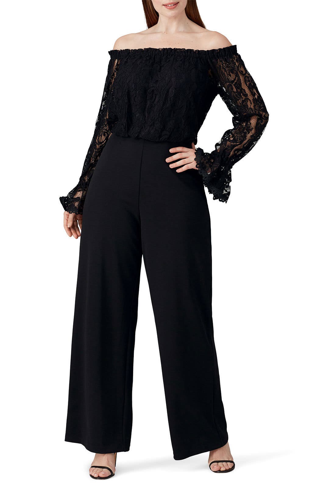 Black Lace Off Shoulder Jumpsuit by Adrianna Papell | Rent the Runway