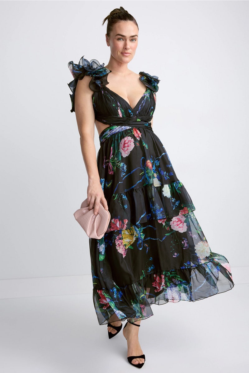 Black Ruffle Tiered Floral Cut-Out Chiffon Dress by Ieena for Mac Duggal - Photo 0