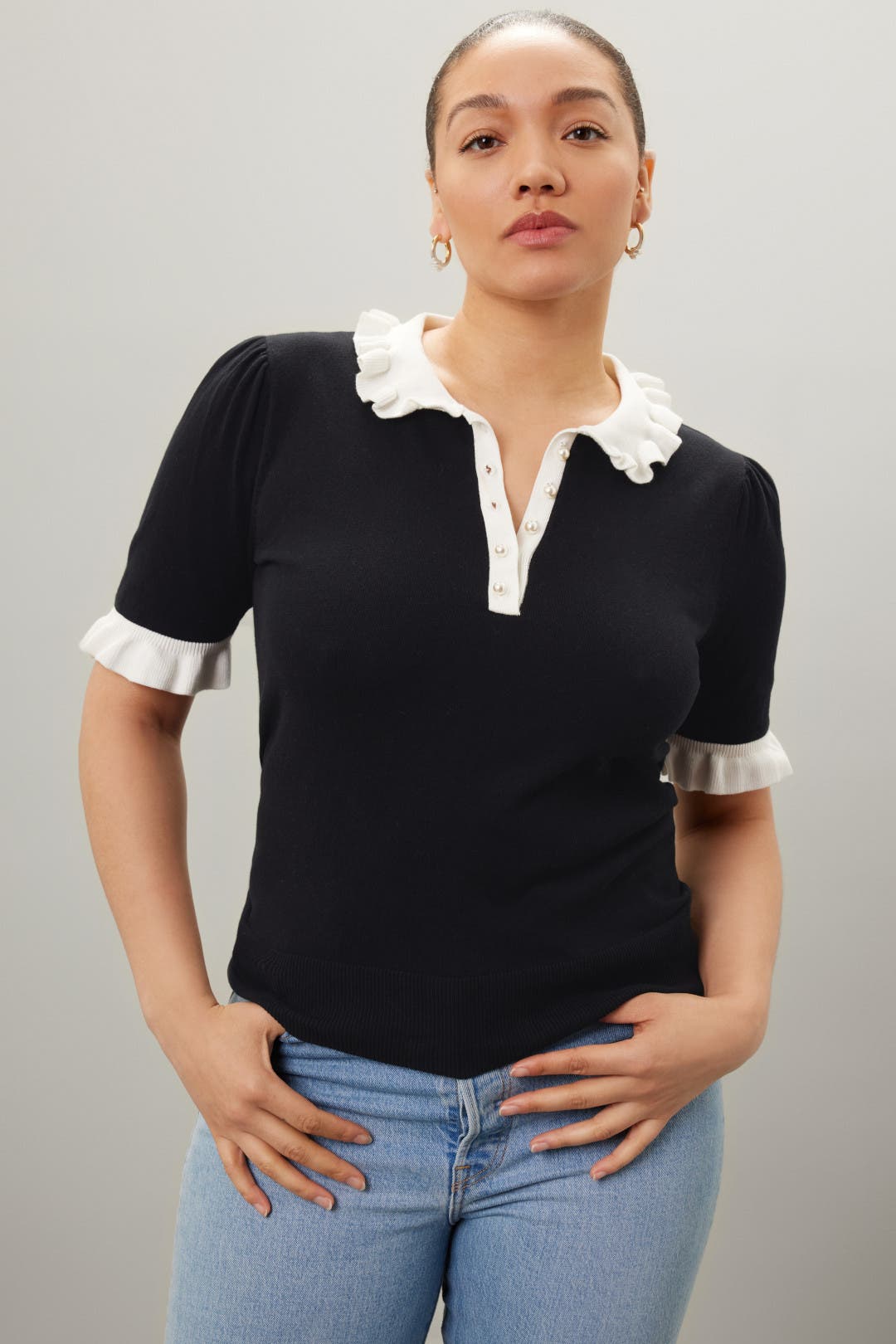 cece ruffle collar short sleeve blouse