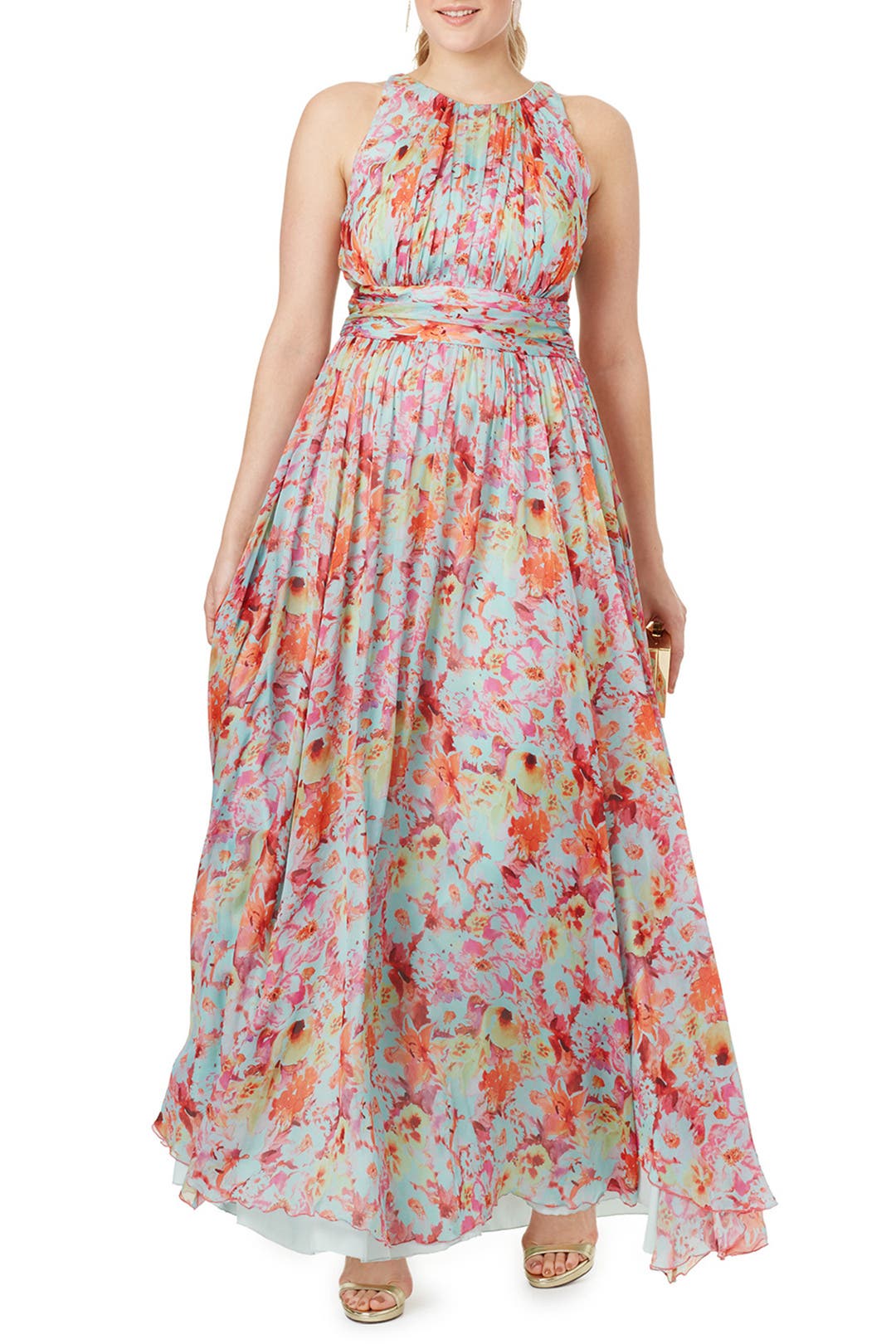 スキューバ★ラッフル★ロングワンピース★ BADGLEY MISCHKA Badgley Mischka Botanical Leaf Ruffled One-Shoulder Chiffon