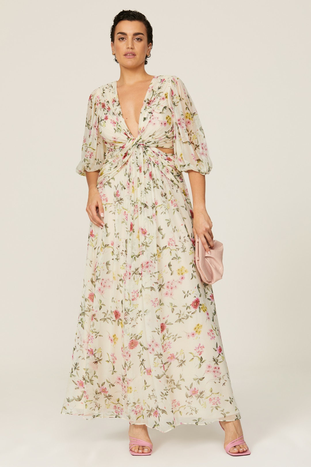Floral Pleated Chiffon Gown by ML Monique Lhuillier 5
