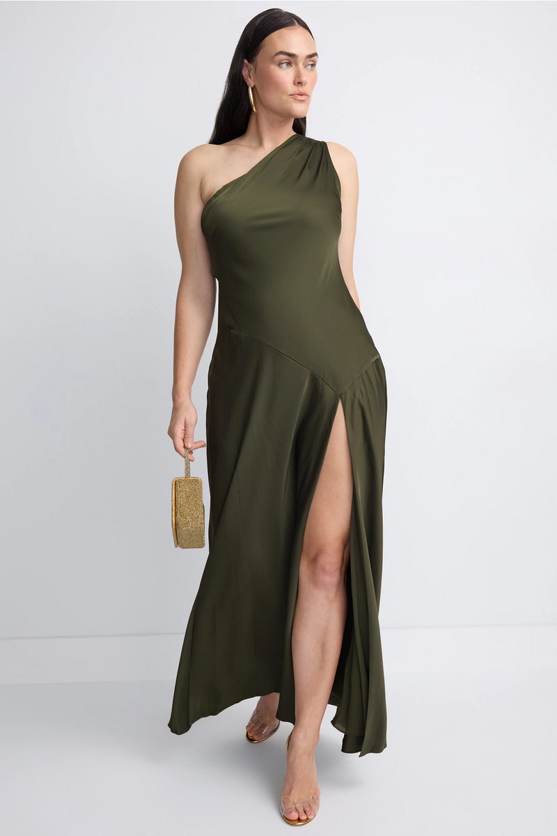 One Shoulder Dark Olive Gown by Adrianna - Photo 0