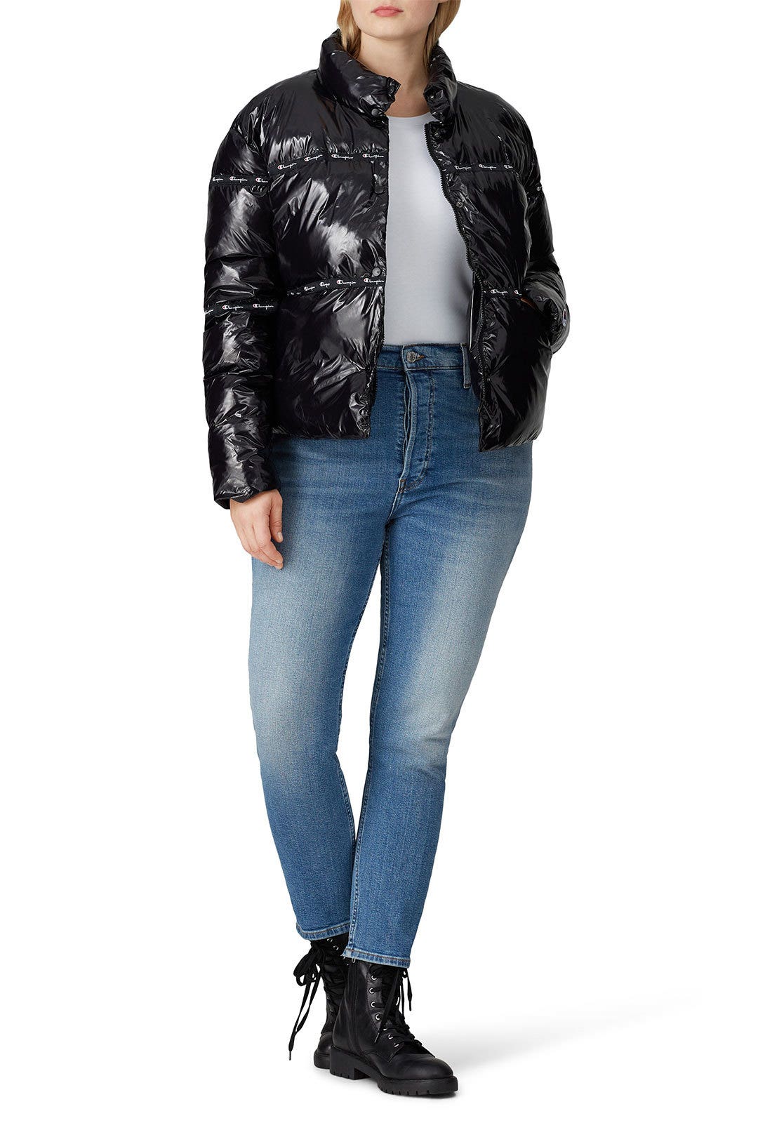 Black Glossy Puffer Jacket by Champion 5