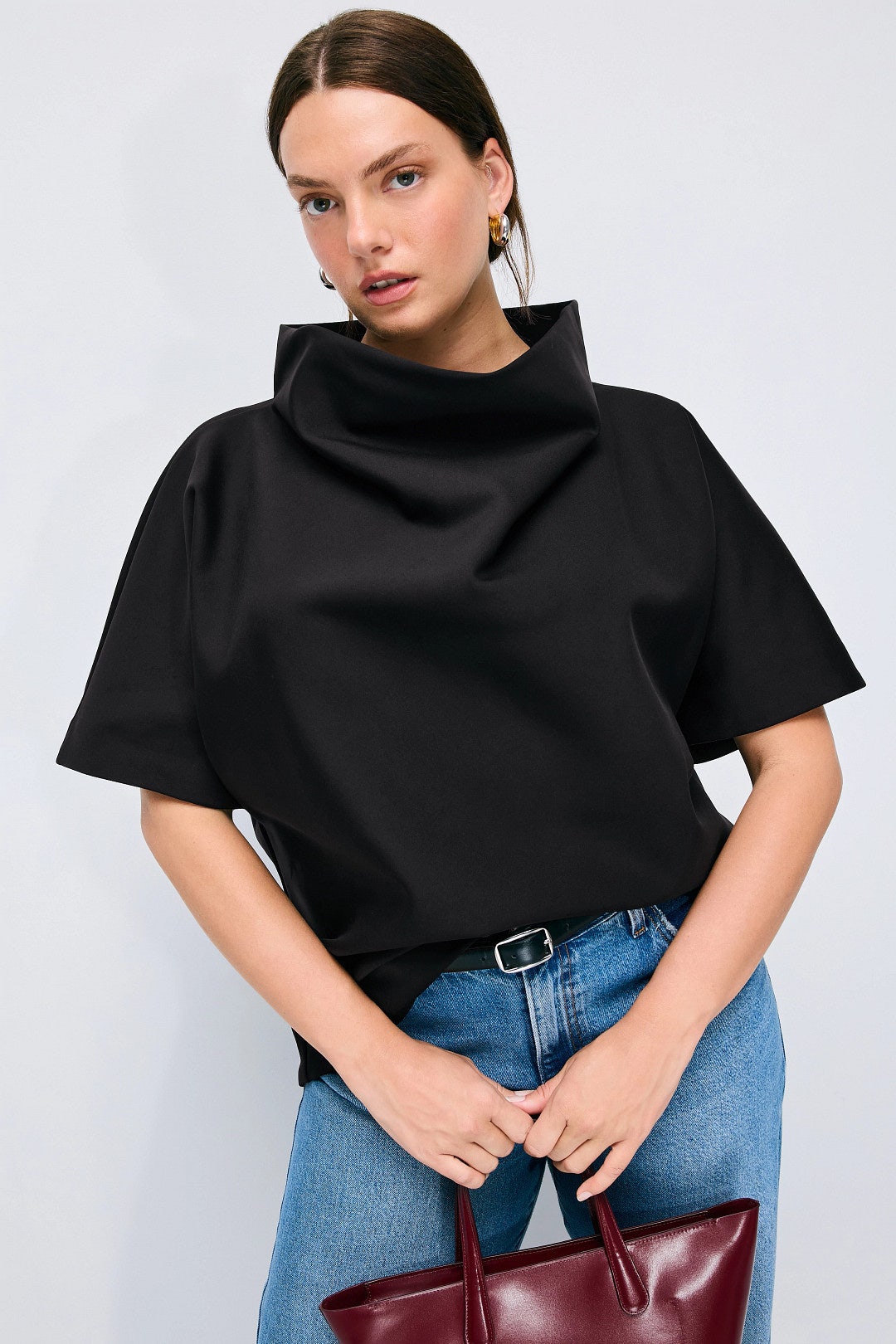 Black Crepe Mock Neck Top by Natori 5
