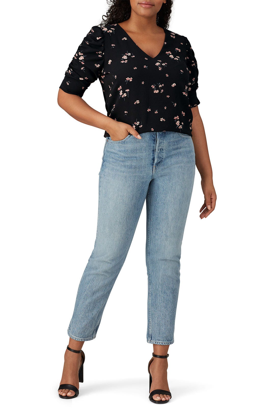 Black Shirred Sleeve Blouse by B Collection by Bobeau 4