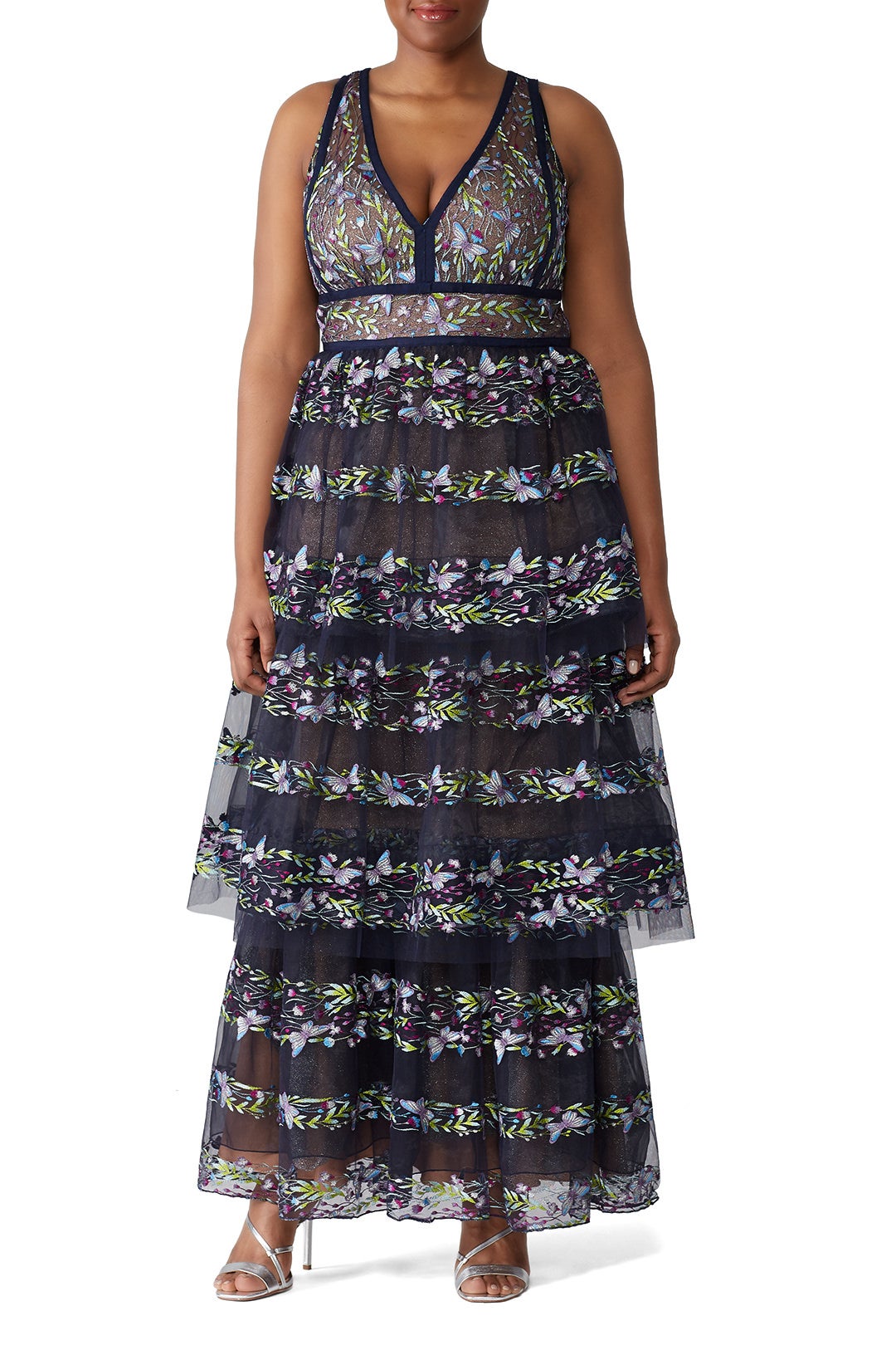 Navy Floral Tiered Gown by Marchesa Notte 4