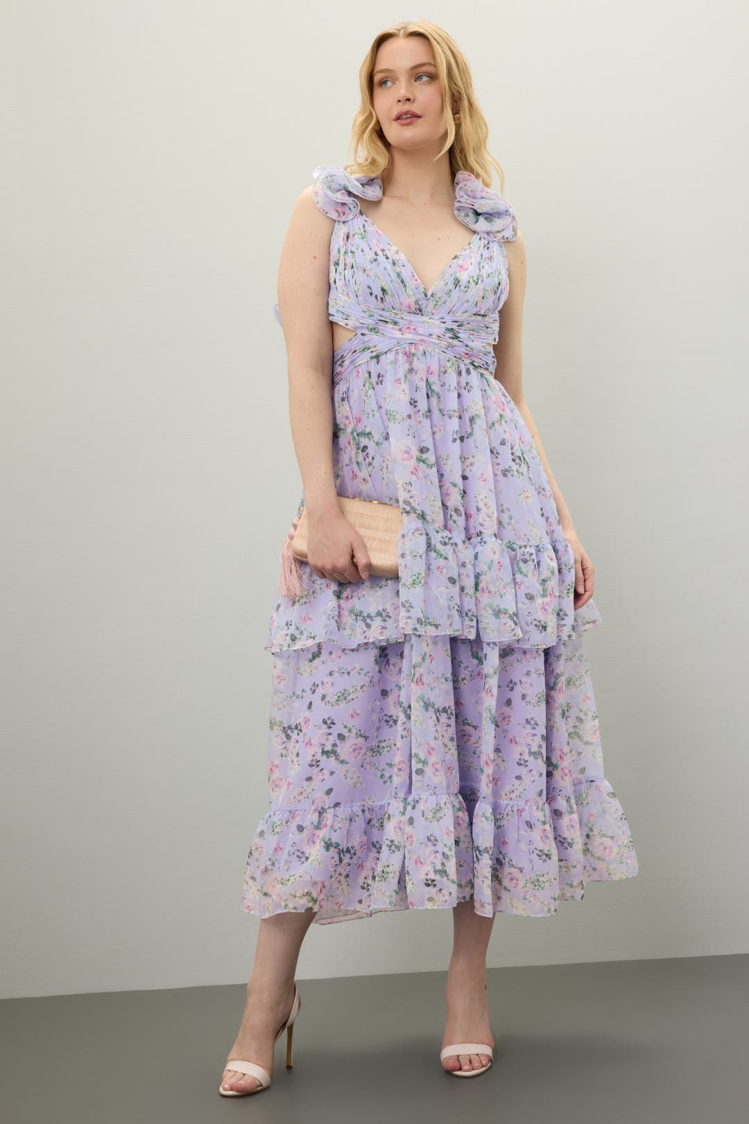 Ruffle Tiered Cut-Out Floral Chiffon Dress by Ieena for Mac