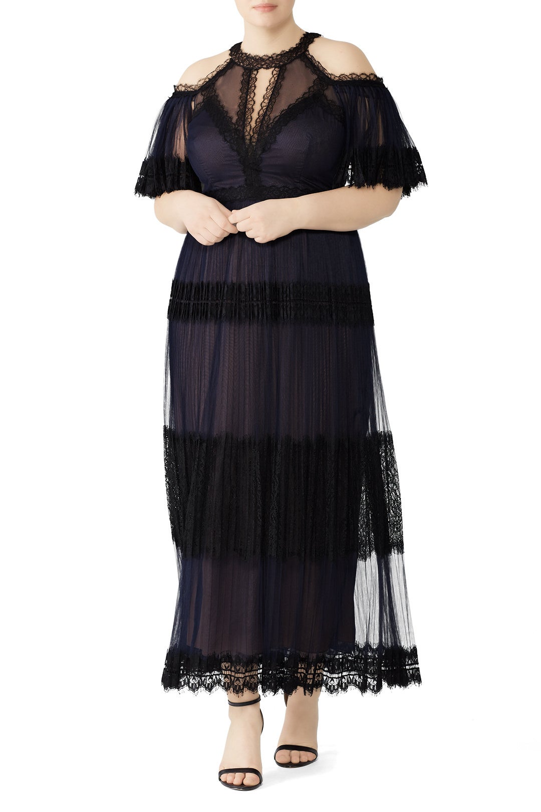 Navy Tiered Lace Gown by Marchesa Notte 3