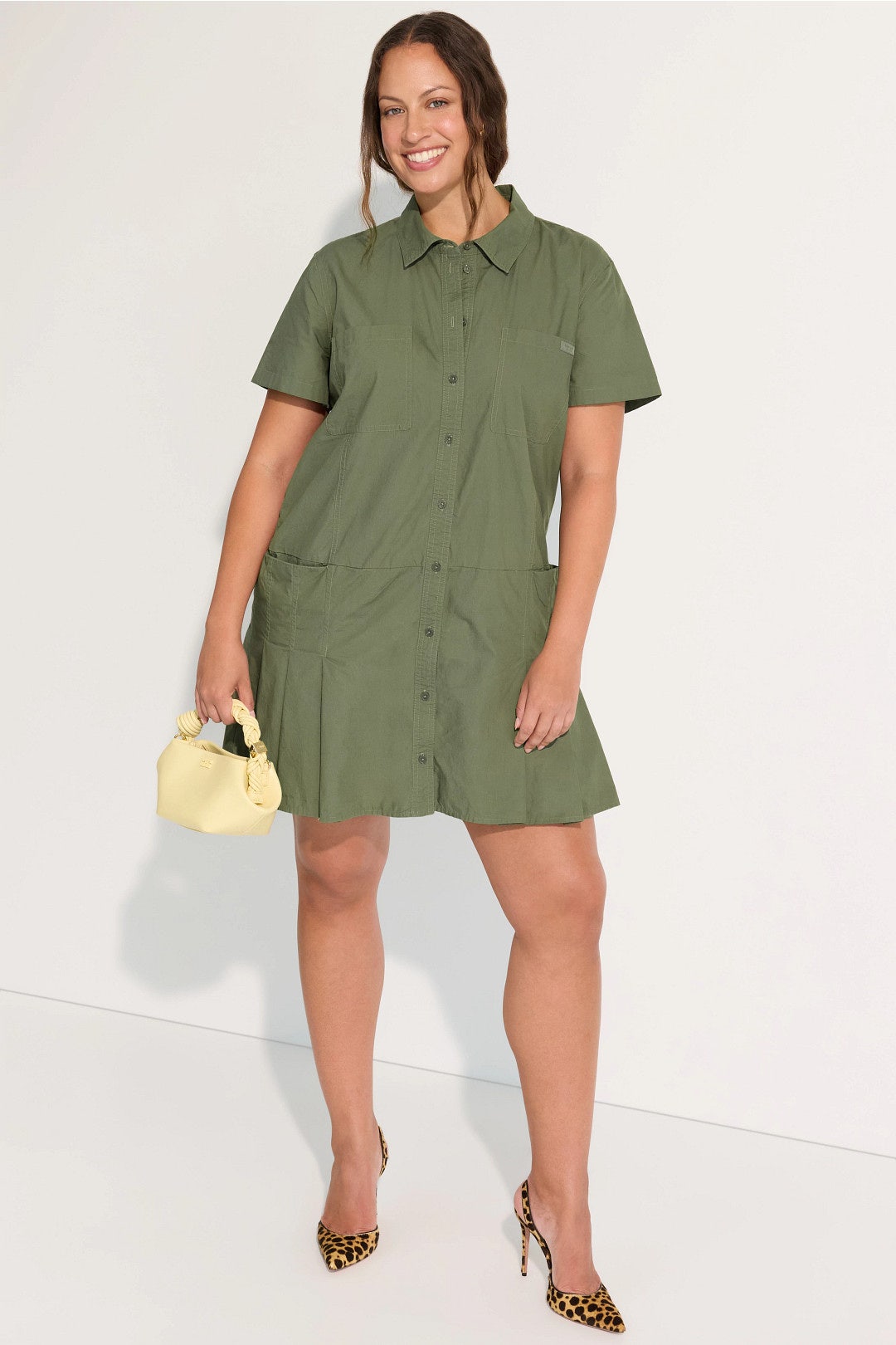 pleated utility dress Prada Short-Sleeve Pleated Cotton Twill Utility Dress