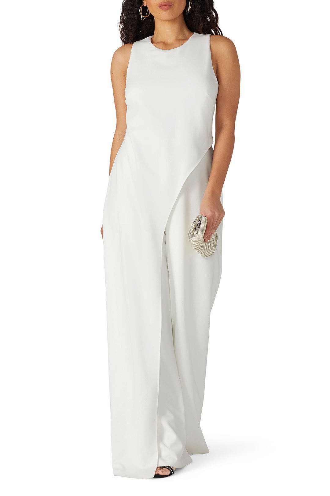 White Asymmetric Overlay Jumpsuit by Adrianna Papell 5