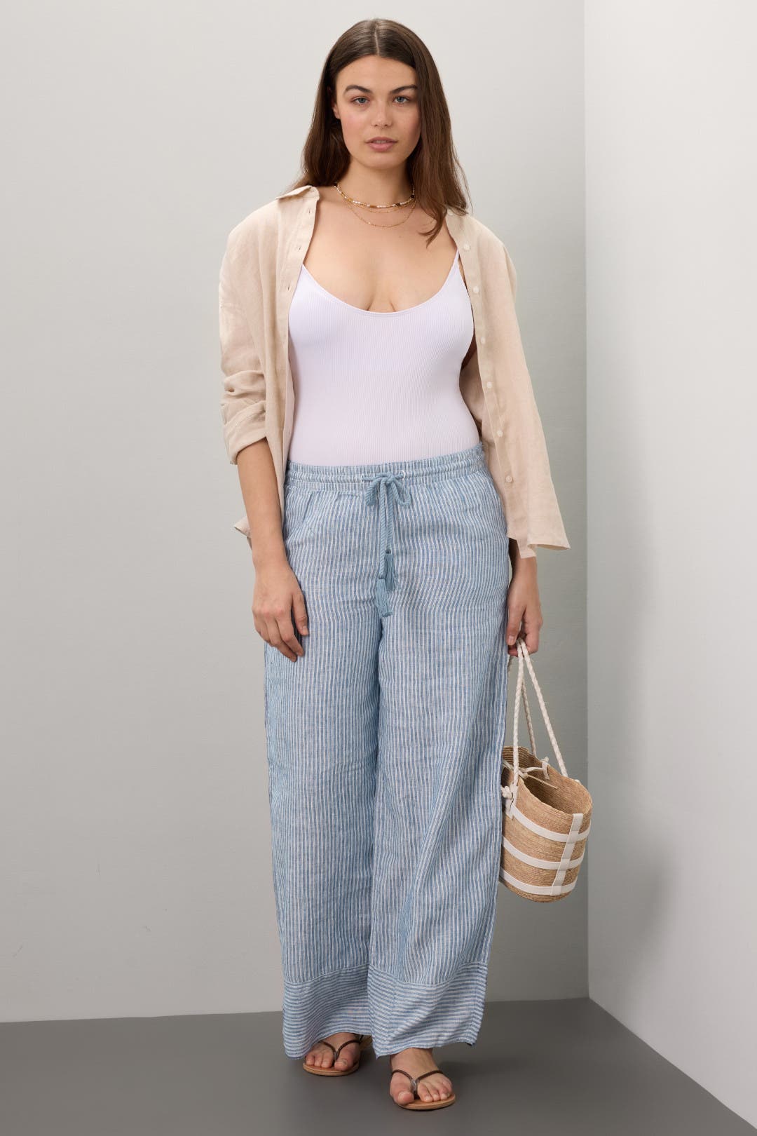 パンツ Ralph Lauren Stripe Linen Pants Lauren Ralph Lauren Women's Linen Striped Wide-Leg Pants