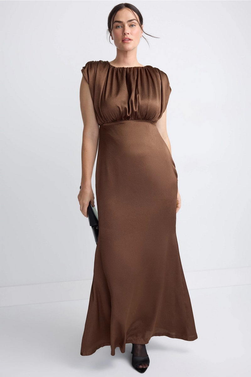 Brown Gathered Bust Gown by Jewel x Badgley Mischka - Photo 0