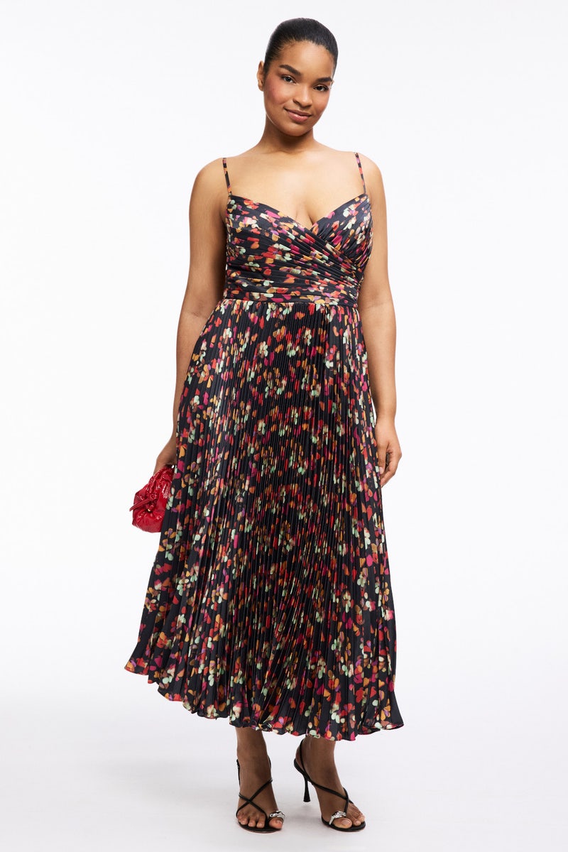 Pleated Printed Charmeuse Asymmetrical Midi Dress by Ieena for Mac Duggal - Photo 5