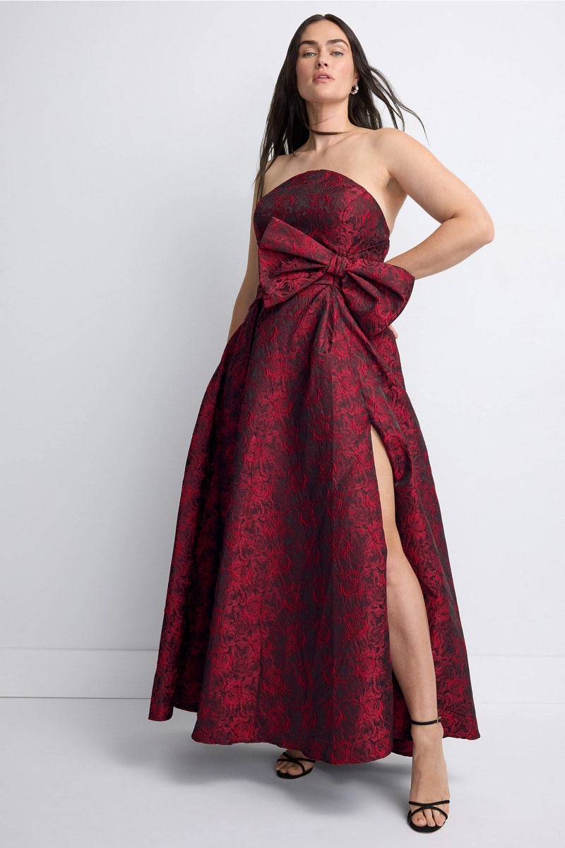 Floral Brocade Strapless Gown With Bow by Ieena for Mac Duggal - Photo 0
