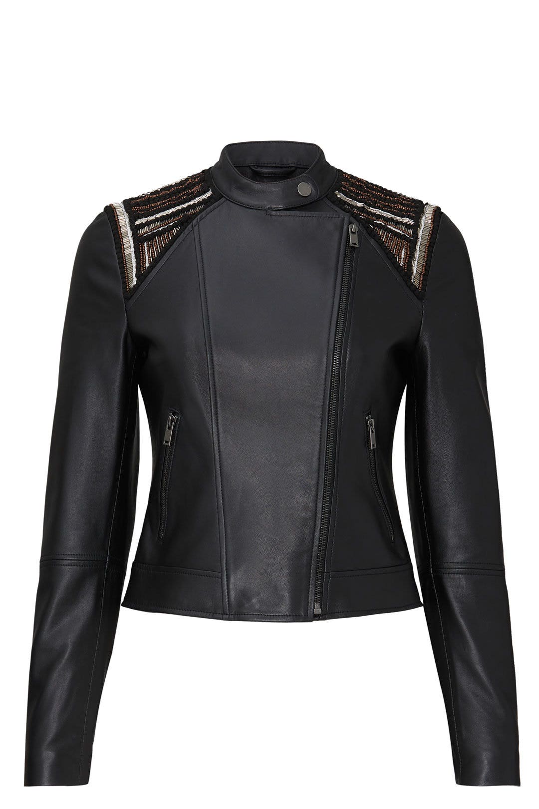 Beaded Shoulder Leather Moto Jacket by Slate & Willow