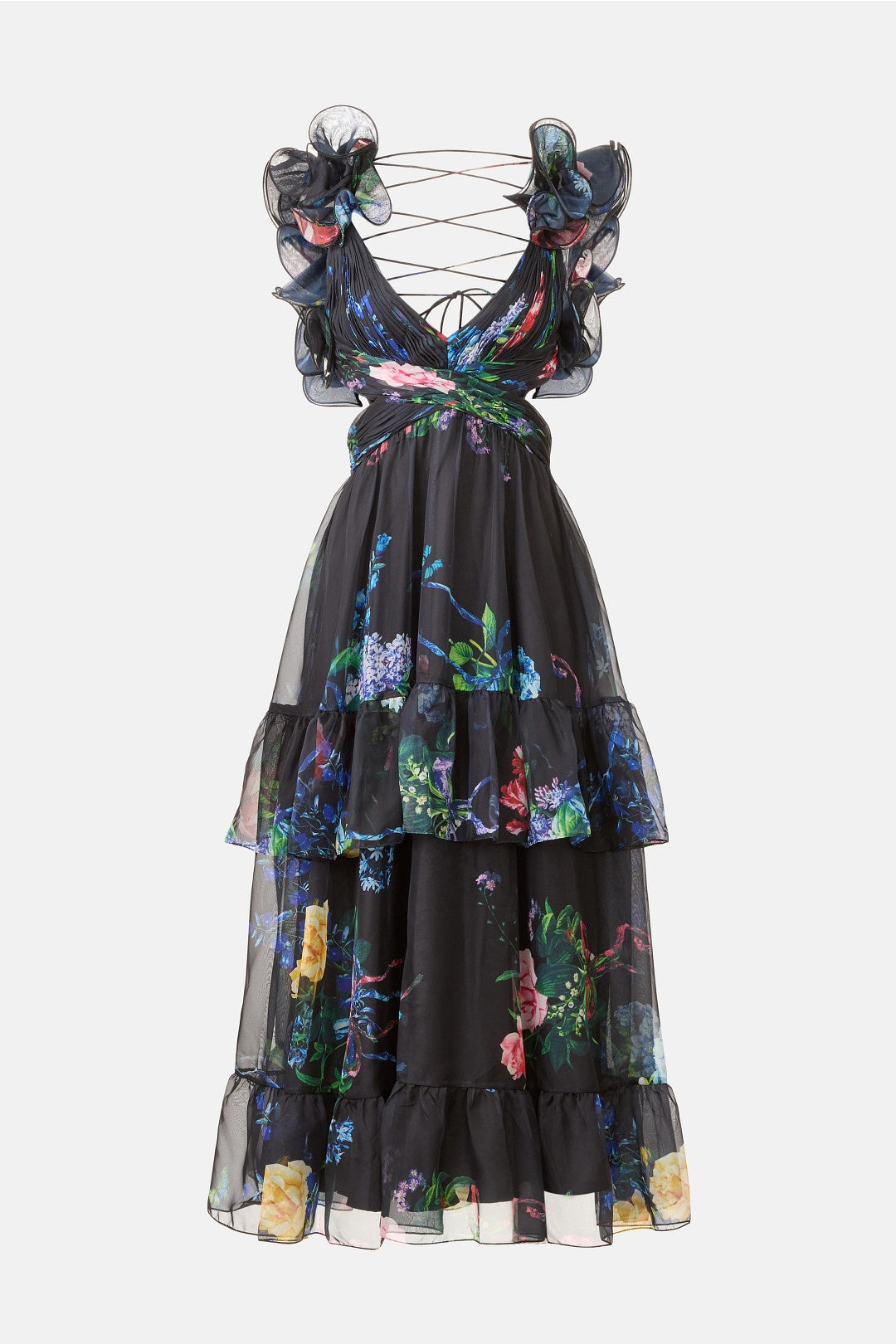 Black Ruffle Tiered Floral Cut-Out Chiffon Dress