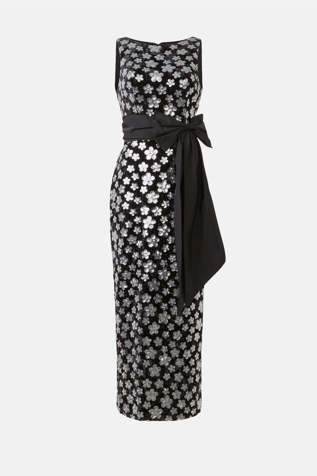 Velvet Sequin Column Ankle Dress With Bow