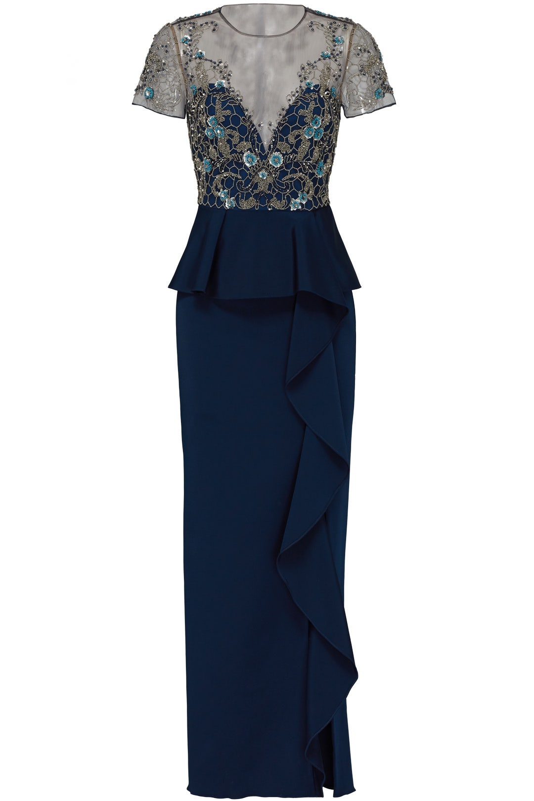 Navy Lace Ruffle Gown by Marchesa Notte 3