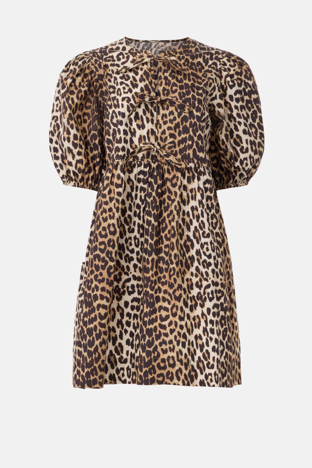 【関税＆送料込み】Ganni Tie String Mini Dress Ganni - Leopard Printed Cotton Tie String Mini Dress
