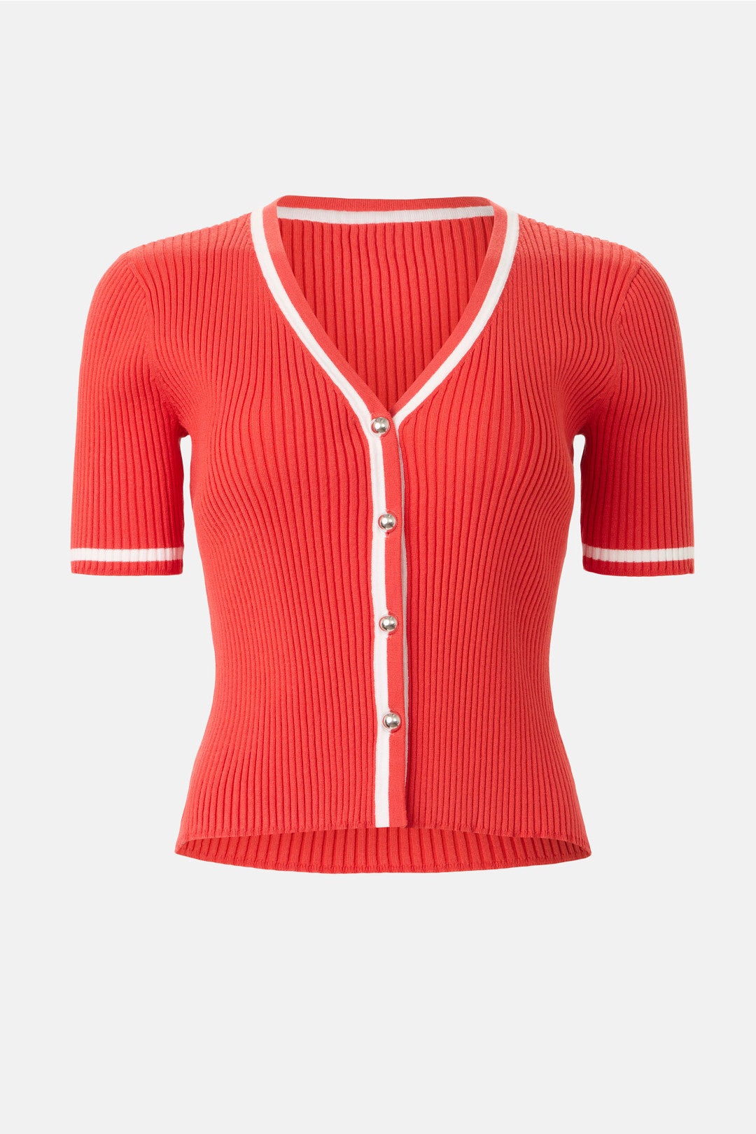 Red V-Neck Short Sleeve Cardigan by Toccin