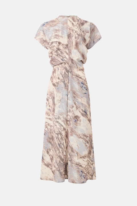 Lior Puff Sleeve Brown Abstract Midi Dress In Artistic Print -
