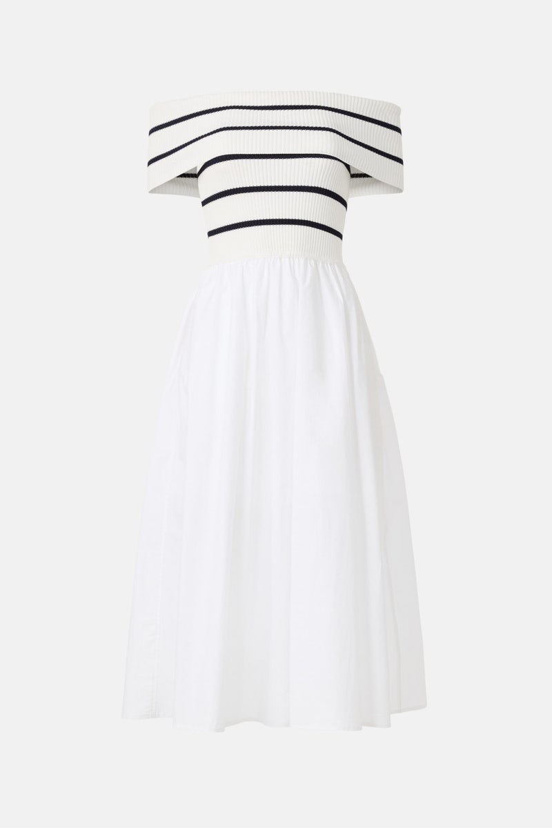 Off The Shoulder Stripe Knit Poplin Midi Dress by Milly - Photo 4