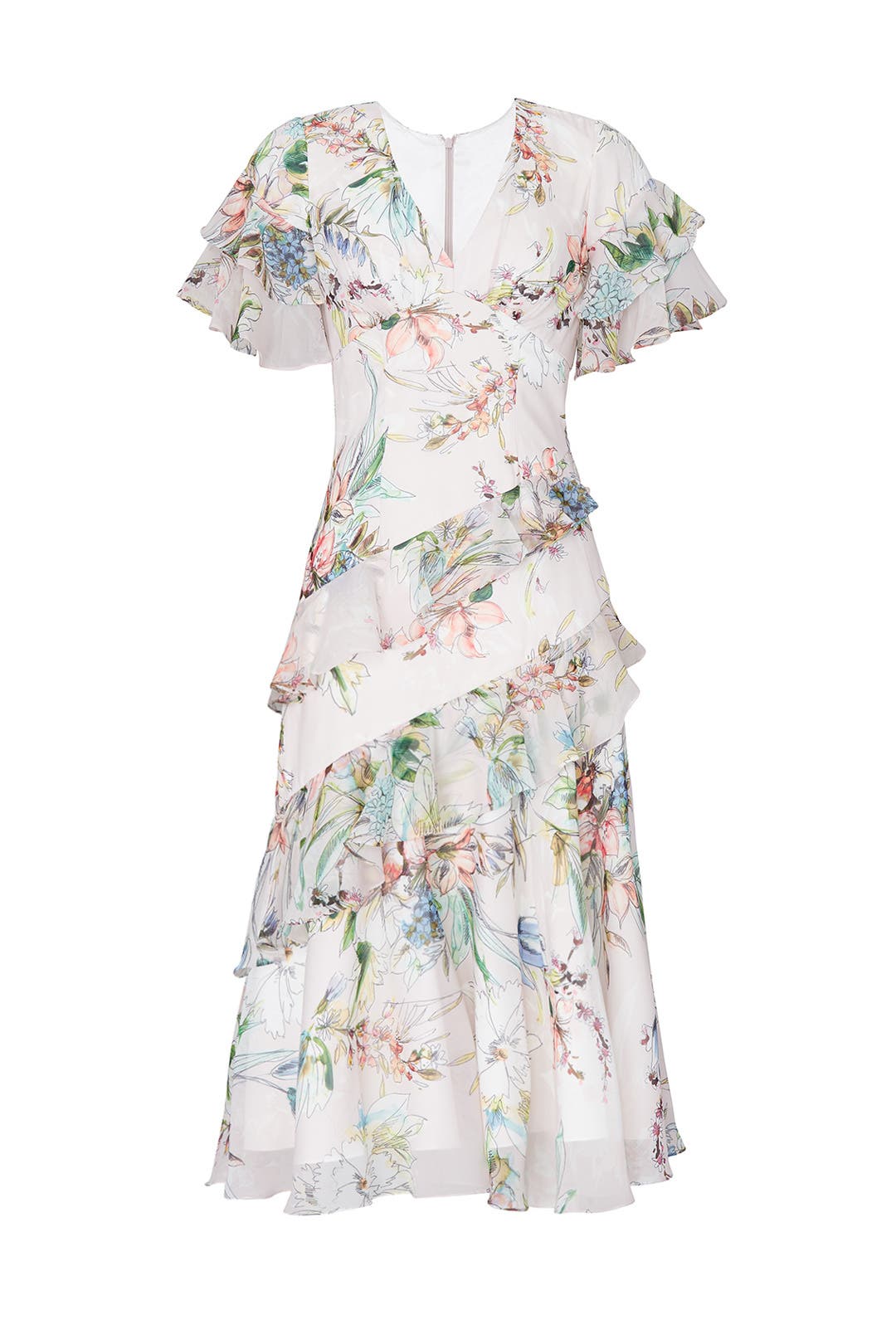 Blush Multi Floral Ruffle Dress by Theia for $85 - $100 | Rent the Runway