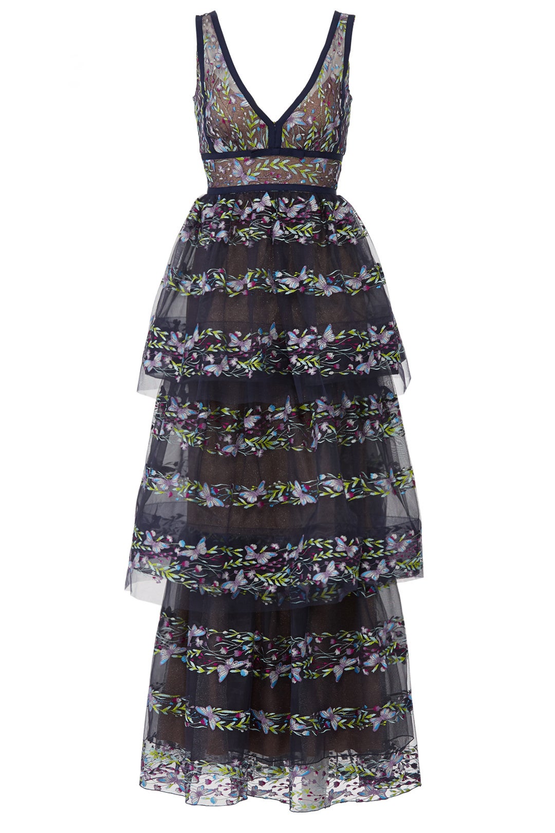 Navy Floral Tiered Gown by Marchesa Notte 3