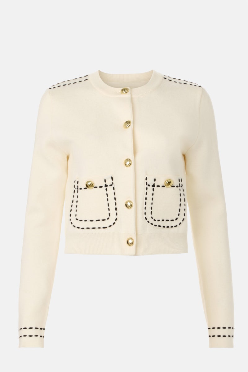 Stitch Detail Puff Sleeve Cardigan by English Factory - Photo 4
