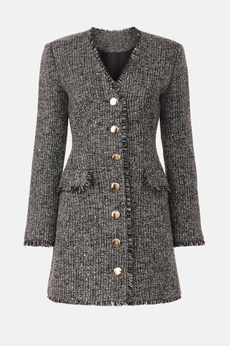 sandro tweed coat mini dress Belted tweed mini shirt dress - ecru