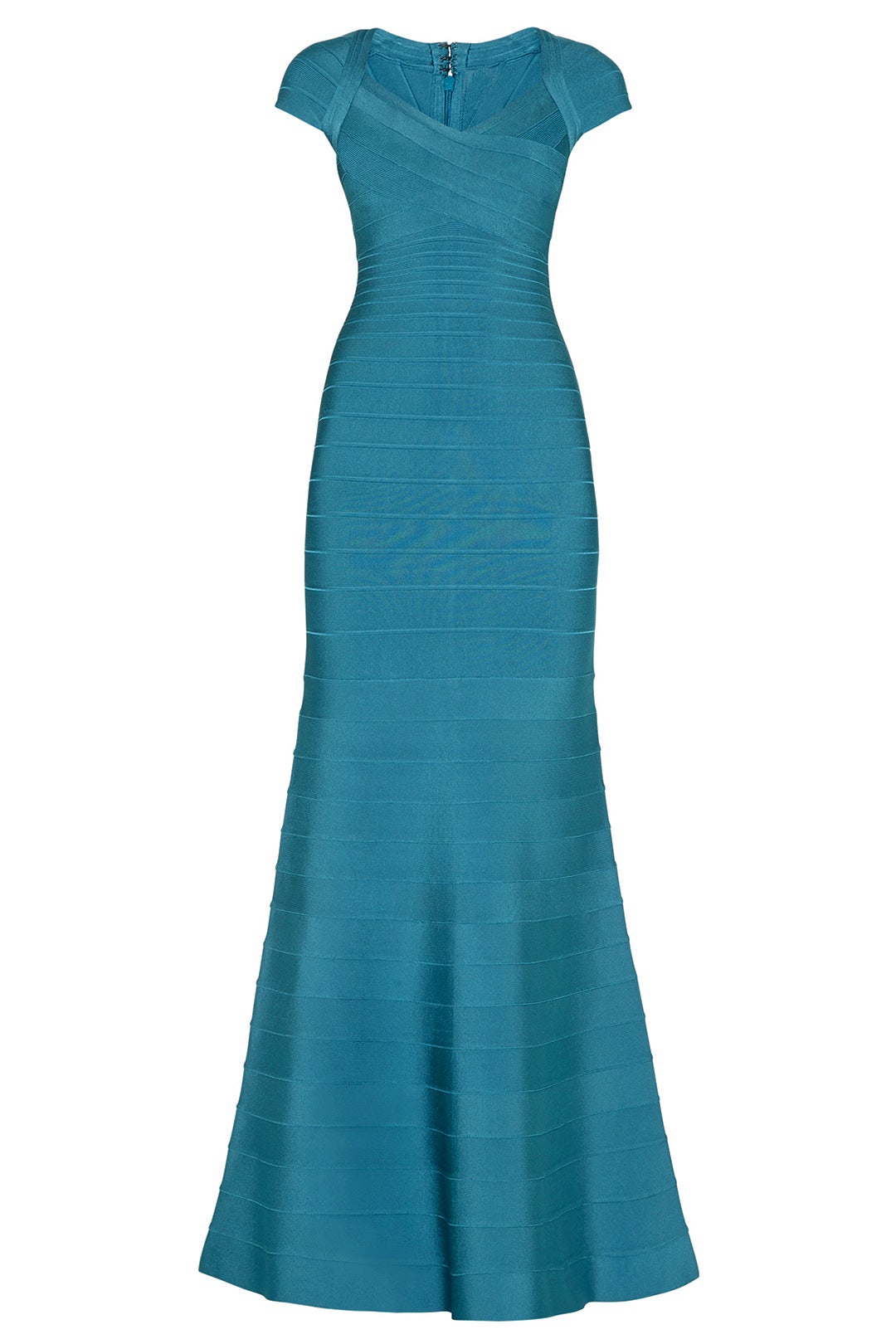 Teal Cap Sleeve Mermaid Gown by Hervé Léger 3
