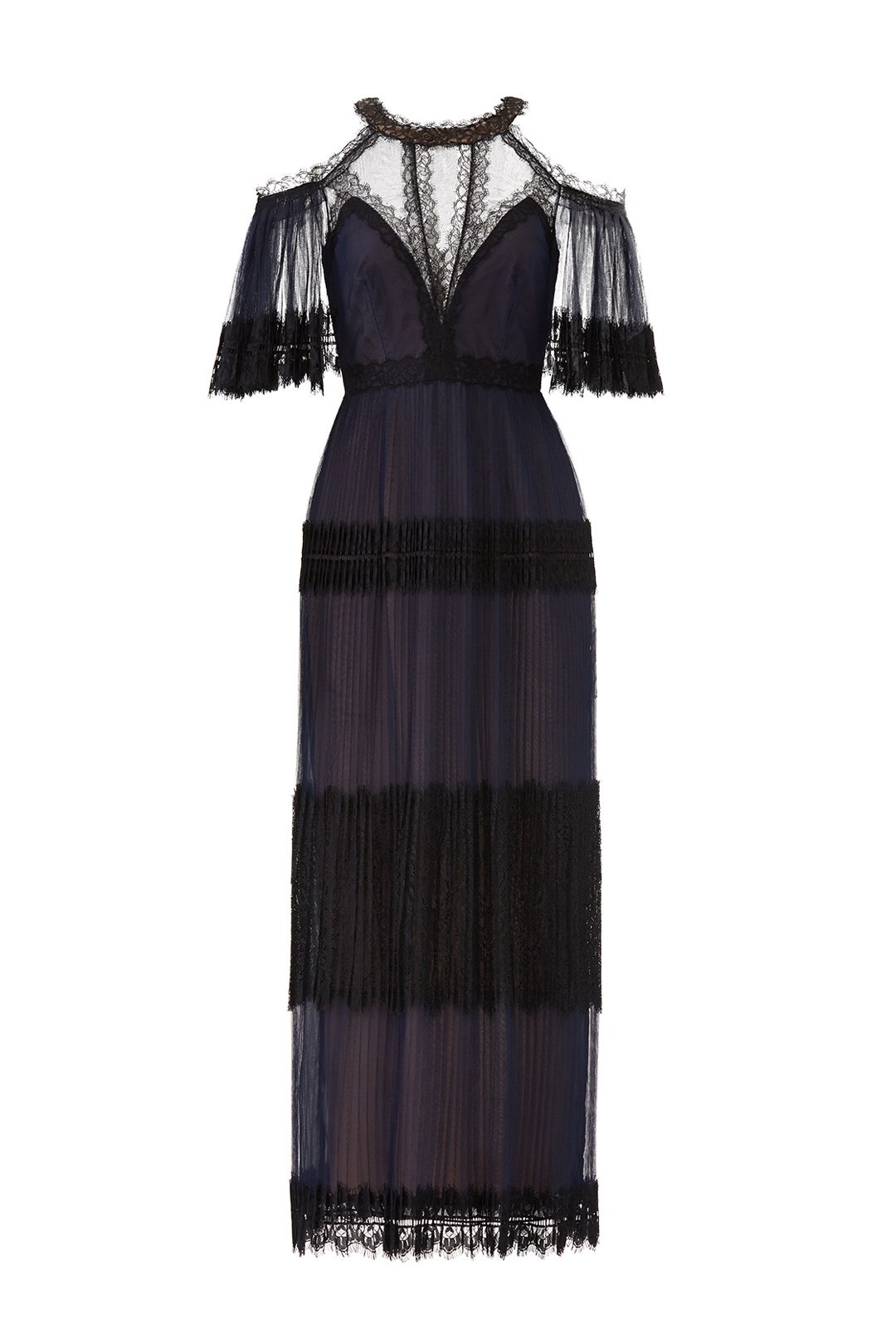 Navy Tiered Lace Gown by Marchesa Notte