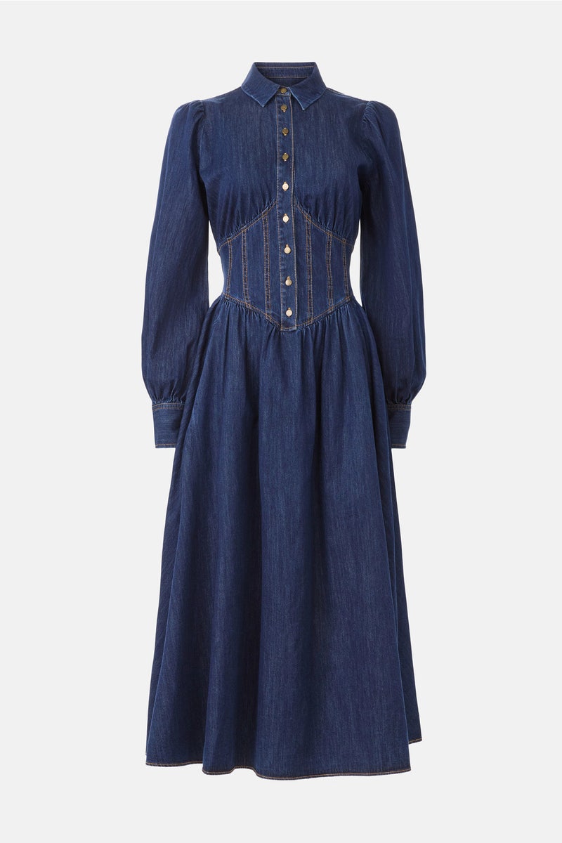 michael kors navy shirt dress MICHAEL KORS COLLECTION Tie-detailed striped organic silk-crepe midi shirt dress