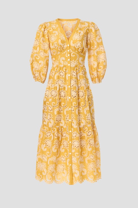 Butter Yellow Scallop Trim Eyelet Midi Dress main image 1