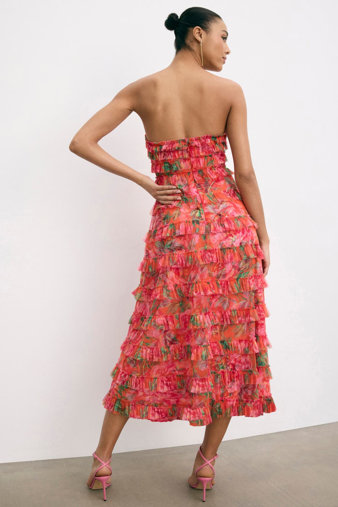 【Mac Duggal】マイクロラッフルメッシュストラップレスドレス Yellow Mesh Micro Ruffle Strapless Midi Dress | Mac Duggal