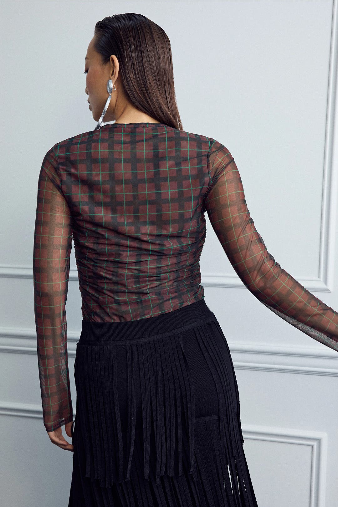 Plaid Mesh Long Sleeve Top by SIMONMILLER | Rent the Runway